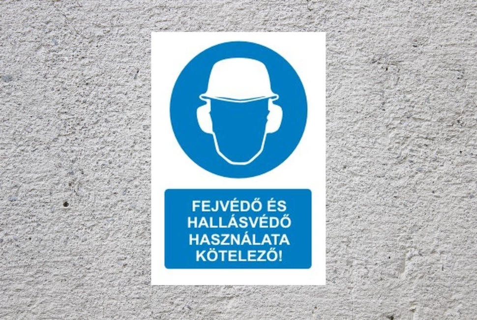 Fejvédő és hallásvédő használata kötelező piktogram 160mm x 250mm PVC