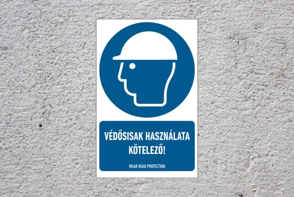 Védősisak használata kötelező piktogram 160mm x 250mm PVC