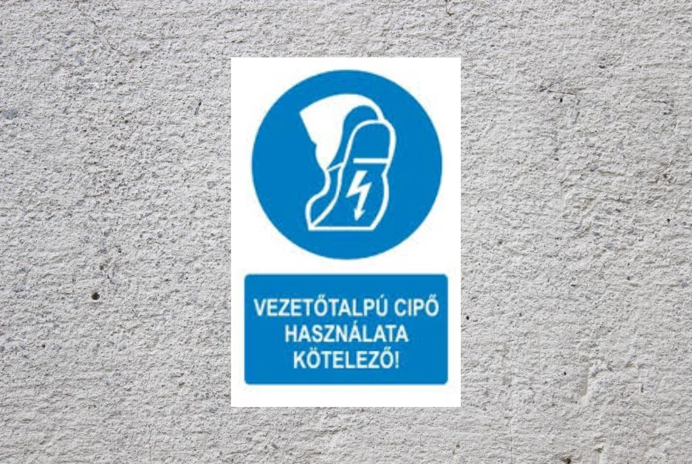 Vezetőtalpú cipő használata kötelező piktogram 160mm x 250mm PVC